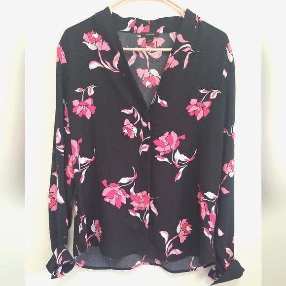 Halogen V-neck Top In Black- Pink Morgana Floral Womens Button Down Shirt Size L - Picture 2 of 5